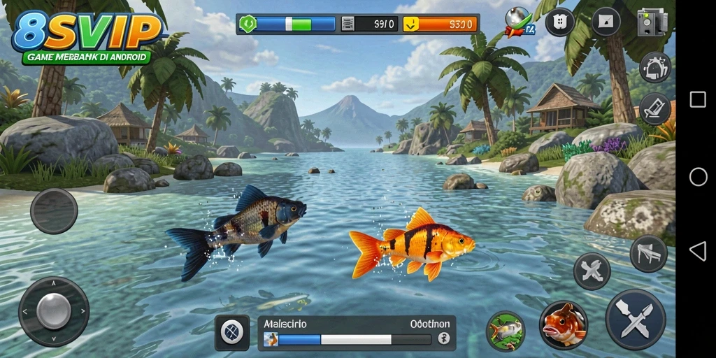 Tampilan gameplay 8SVIP dengan aksi memancing yang seru di lautan.