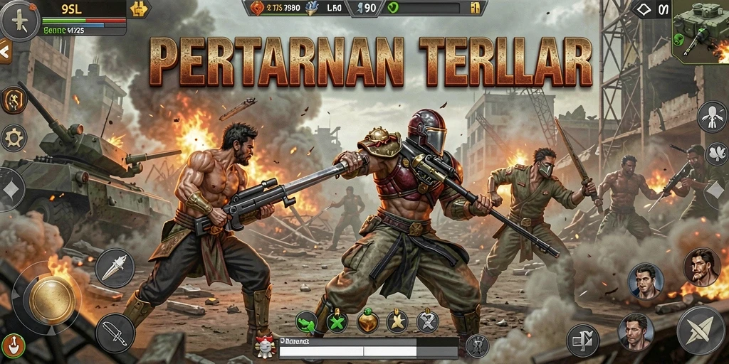 Screenshot dari gameplay 9SL menampilkan aksi mendebarkan di medan tempur Battle Royale.