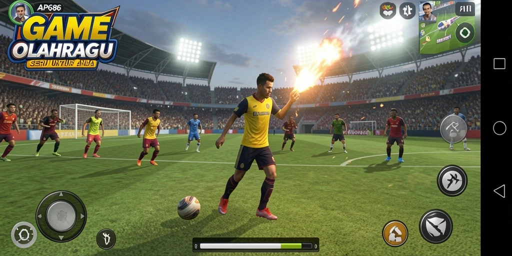 Tangkapan layar gameplay AP686 menunjukkan aksi seru dalam pertandingan olahraga.