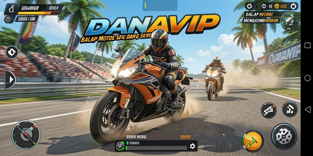 Tangkapan layar gameplay DANAVIP dengan aksi balap motor yang mendebarkan.