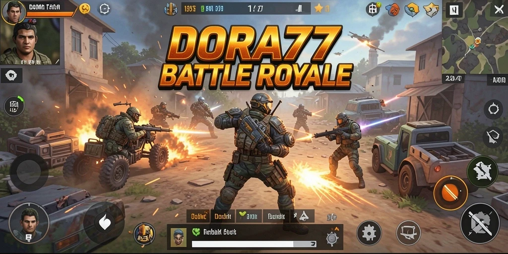 Tampilan gameplay DORA77 yang menegangkan dan penuh aksi Battle Royale.