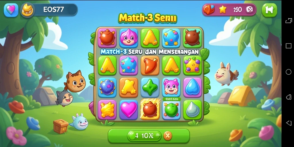 Screenshot gameplay EOS77 menampilkan aksi seru dalam permainan Match-3.