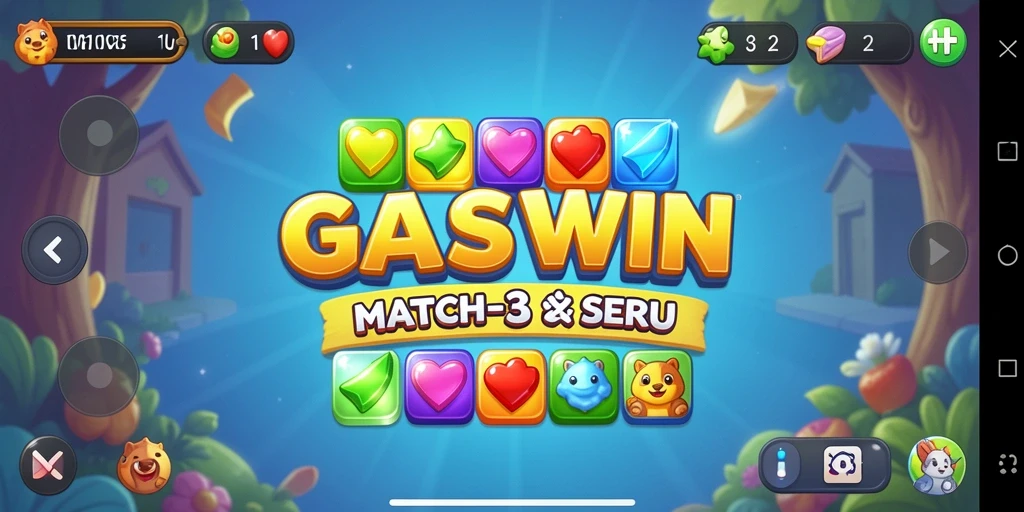 Screenshot menunjukkan gameplay Match-3 yang seru dan penuh warna.