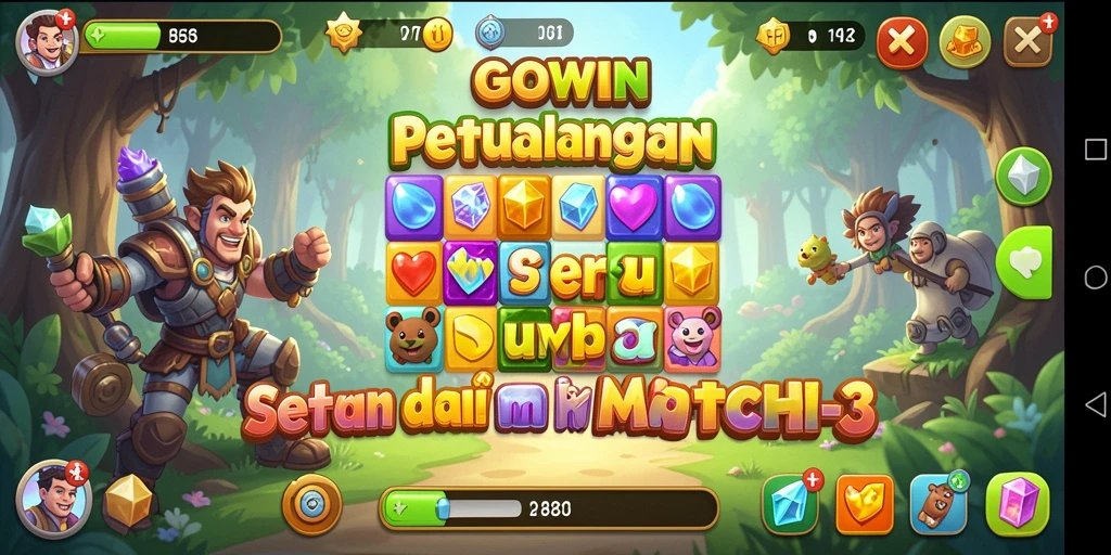 Screenshot bermain GOWIN menunjukkan aksi mencocokkan item yang seru.