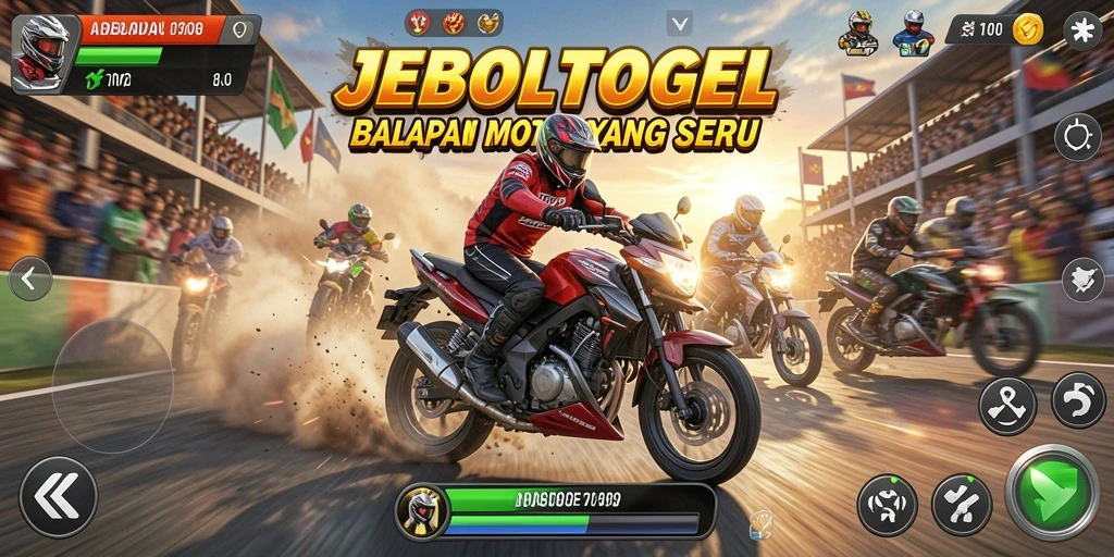 Tampilan gameplay seru di JEBOLTOGEL dengan balapan motor yang mendebarkan.