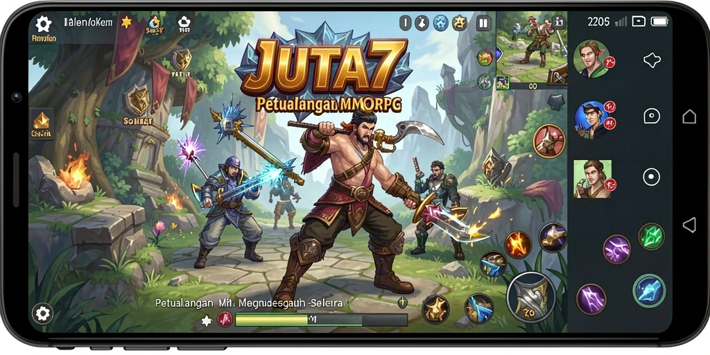 Tangkapan layar gameplay menunjukkan pertempuran epik dan grafik indah di JUTA7.