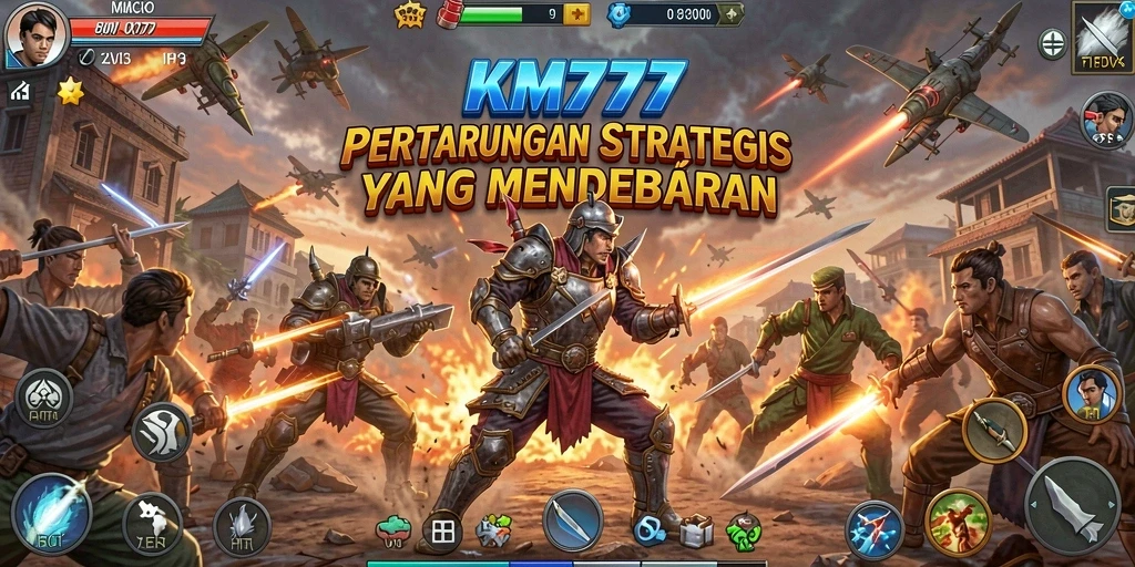 Tampilan utama KM777 menunjukkan aksi tembak-menembak yang intens.