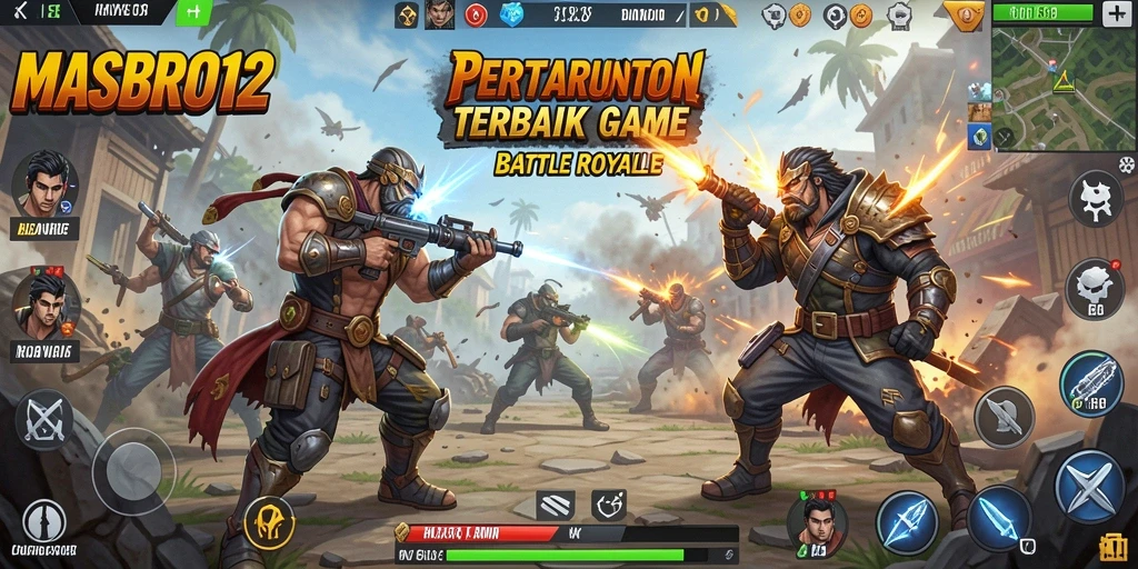 Screenshot utama gameplay <strong>MASBRO12</strong> menunjukkan aksi pertempuran yang mendebarkan di arena Battle Royale.