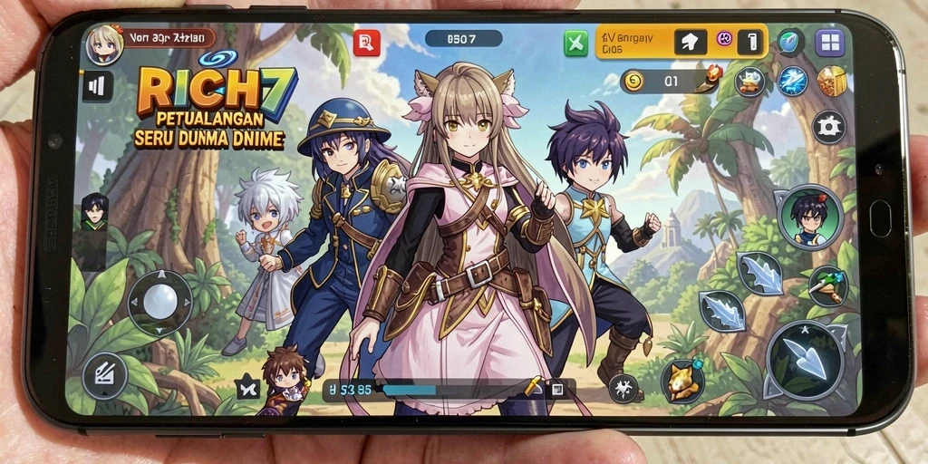 Screenshot dari gameplay RICH7 yang menampilkan karakter Anime beraksi.
