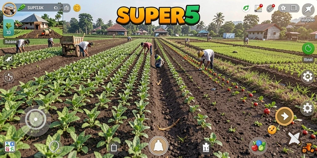 Menampilkan gameplay seru dari SUPER5 dengan berbagai aktivitas bertani.