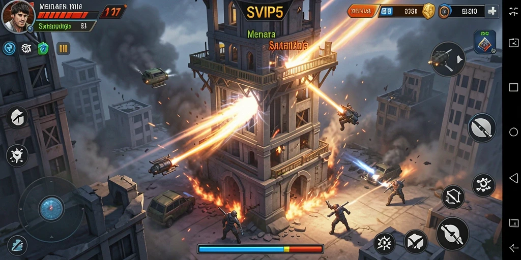 Screenshot utama SVIP5 menampilkan aksi seru dalam permainan Tower Defense.