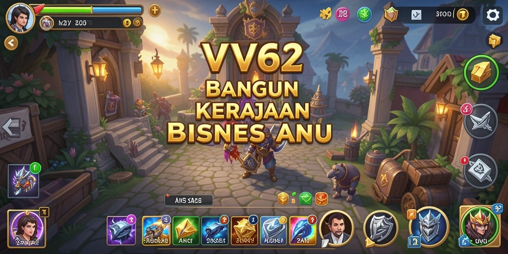 Tangkapan layar gameplay <strong>VV62</strong> menunjukkan aktivitas membangun bisnis yang dinamis.